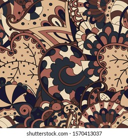 Tracery seamless pattern. Mehndi design. Ethnic colorful doodle texture. Curved doodling background. Vector