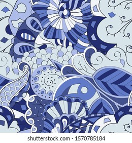 Tracery seamless pattern. Mehndi design. Ethnic colorful doodle texture. Curved doodling background. Vector