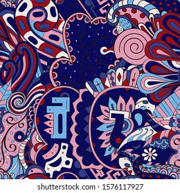 Tracery seamless pattern. Mehndi design. Ethnic colorful doodle texture. Curved doodling background. Vector