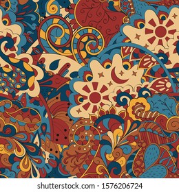 Tracery seamless pattern. Mehndi design. Ethnic colorful doodle texture. Curved doodling background. Vector