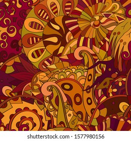Tracery seamless pattern. Mehndi design. Ethnic colorful doodle texture. Curved doodling background. Vector