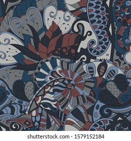 Tracery seamless pattern. Mehndi design. Ethnic colorful doodle texture. Curved doodling background. Vector