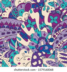 Tracery seamless pattern. Mehndi design. Ethnic colorful doodle texture. Curved doodling background. Vector