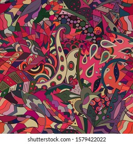 Tracery seamless pattern. Mehndi design. Ethnic colorful doodle texture. Curved doodling background. Vector