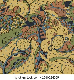 Tracery seamless pattern. Mehndi design. Ethnic colorful doodle texture. Curved doodling background. Vector
