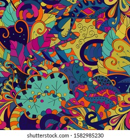 Tracery seamless pattern. Mehndi design. Ethnic colorful doodle texture. Curved doodling background. Vector