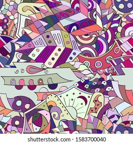 Tracery seamless pattern. Mehndi design. Ethnic colorful doodle texture. Curved doodling background. Vector