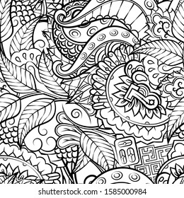 Tracery seamless pattern. Mehndi design. Ethnic monochrome binary doodle texture. Curved doodling black and white background. Vector