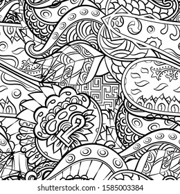 Tracery seamless pattern. Mehndi design. Ethnic monochrome binary doodle texture. Curved doodling black and white background. Vector