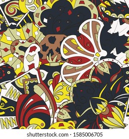 Tracery seamless pattern. Mehndi design. Ethnic colorful doodle texture. Curved doodling background. Vector