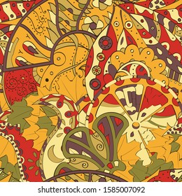 Tracery seamless pattern. Mehndi design. Ethnic colorful doodle texture. Curved doodling background. Vector