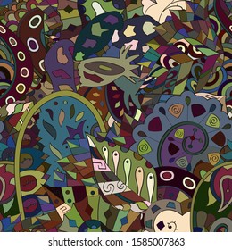 Tracery seamless pattern. Mehndi design. Ethnic colorful doodle texture. Curved doodling background. Vector