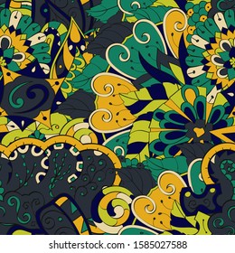 Tracery seamless pattern. Mehndi design. Ethnic colorful doodle texture. Curved doodling background. Vector