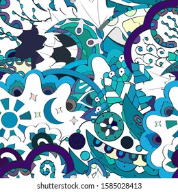 Tracery seamless pattern. Mehndi design. Ethnic colorful doodle texture. Curved doodling background. Vector