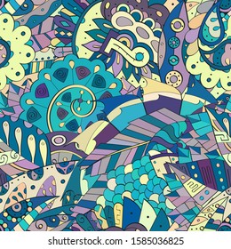 Tracery seamless pattern. Mehndi design. Ethnic colorful doodle texture. Curved doodling background. Vector