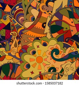 Tracery seamless pattern. Mehndi design. Ethnic colorful doodle texture. Curved doodling background. Vector