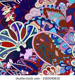 Tracery seamless pattern. Mehndi design. Ethnic colorful doodle texture. Curved doodling background. Vector