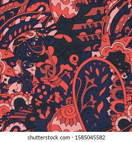 Tracery seamless pattern. Mehndi design. Ethnic colorful doodle texture. Curved doodling background. Vector