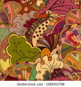 Tracery seamless pattern. Mehndi design. Ethnic colorful doodle texture. Curved doodling background. Vector