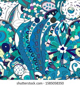 Tracery seamless pattern. Mehndi design. Ethnic colorful doodle texture. Curved doodling background. Vector
