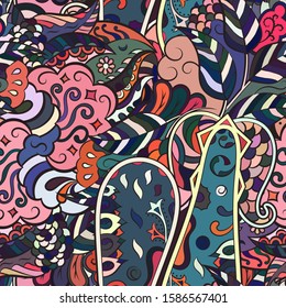 Tracery seamless pattern. Mehndi design. Ethnic colorful doodle texture. Curved doodling background. Vector