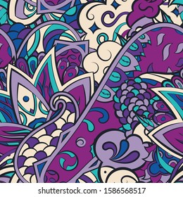 Tracery seamless pattern. Mehndi design. Ethnic colorful doodle texture. Curved doodling background. Vector