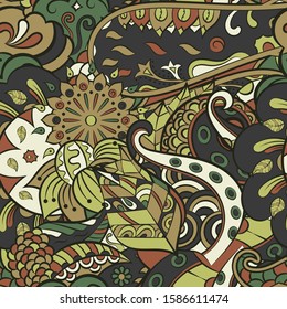 Tracery seamless pattern. Mehndi design. Ethnic colorful doodle texture. Curved doodling background. Vector