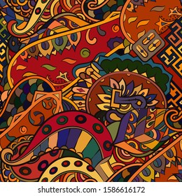 Tracery seamless pattern. Mehndi design. Ethnic colorful doodle texture. Curved doodling background. Vector