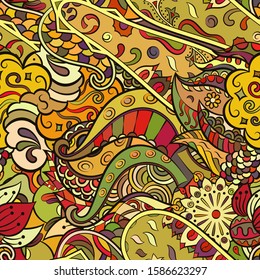 Tracery seamless pattern. Mehndi design. Ethnic colorful doodle texture. Curved doodling background. Vector