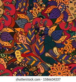 Tracery seamless pattern. Mehndi design. Ethnic colorful doodle texture. Curved doodling background. Vector