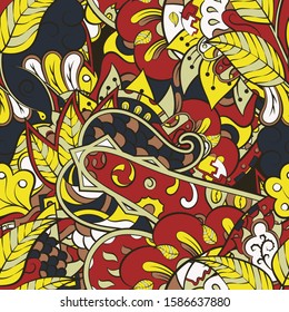 Tracery seamless pattern. Mehndi design. Ethnic colorful doodle texture. Curved doodling background. Vector
