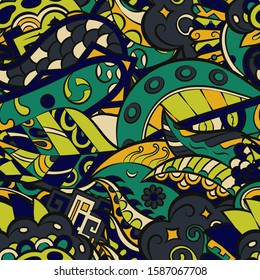 Tracery seamless pattern. Mehndi design. Ethnic colorful doodle texture. Curved doodling background. Vector