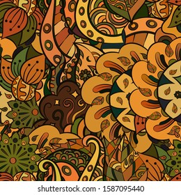 Tracery seamless pattern. Mehndi design. Ethnic colorful doodle texture. Curved doodling background. Vector