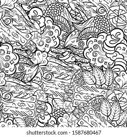 Tracery seamless pattern. Mehndi design. Ethnic monochrome binary doodle texture. Curved doodling black and white background. Vector