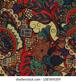 Tracery seamless pattern. Mehndi design. Ethnic colorful doodle texture. Curved doodling background. Vector
