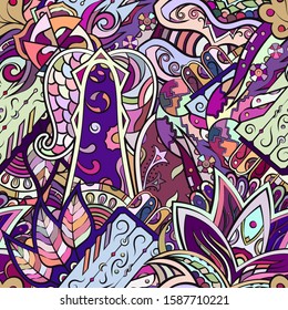 Tracery seamless pattern. Mehndi design. Ethnic colorful doodle texture. Curved doodling background. Vector