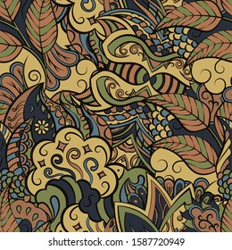 Tracery seamless pattern. Mehndi design. Ethnic colorful doodle texture. Curved doodling background. Vector