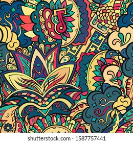 Tracery seamless pattern. Mehndi design. Ethnic colorful doodle texture. Curved doodling background. Vector