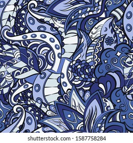 Tracery seamless pattern. Mehndi design. Ethnic colorful doodle texture. Curved doodling background. Vector