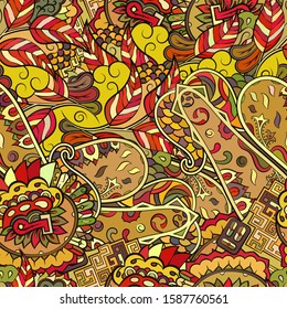 Tracery seamless pattern. Mehndi design. Ethnic colorful doodle texture. Curved doodling background. Vector