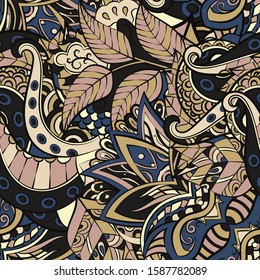 Tracery seamless pattern. Mehndi design. Ethnic colorful doodle texture. Curved doodling background. Vector
