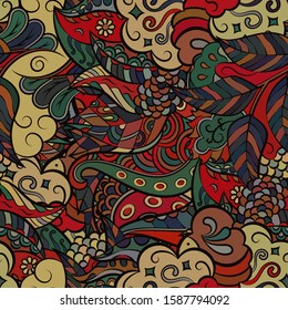 Tracery seamless pattern. Mehndi design. Ethnic colorful doodle texture. Curved doodling background. Vector