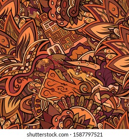 Tracery seamless pattern. Mehndi design. Ethnic colorful doodle texture. Curved doodling background. Vector