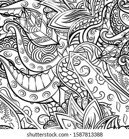 Tracery seamless pattern. Mehndi design. Ethnic monochrome binary doodle texture. Curved doodling black and white background. Vector