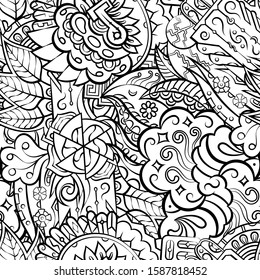 Tracery seamless pattern. Mehndi design. Ethnic monochrome binary doodle texture. Curved doodling black and white background. Vector