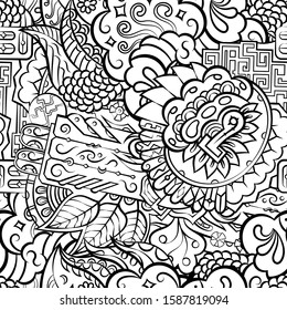 Tracery seamless pattern. Mehndi design. Ethnic monochrome binary doodle texture. Curved doodling black and white background. Vector