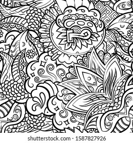 Tracery seamless pattern. Mehndi design. Ethnic monochrome binary doodle texture. Curved doodling black and white background. Vector