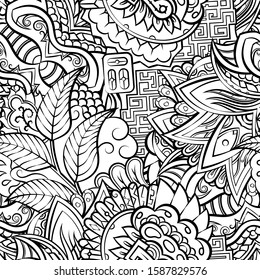 Tracery seamless pattern. Mehndi design. Ethnic monochrome binary doodle texture. Curved doodling black and white background. Vector
