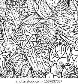 Tracery seamless pattern. Mehndi design. Ethnic monochrome binary doodle texture. Curved doodling black and white background. Vector