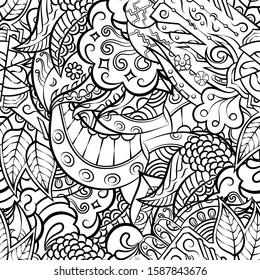 Tracery seamless pattern. Mehndi design. Ethnic monochrome binary doodle texture. Curved doodling black and white background. Vector